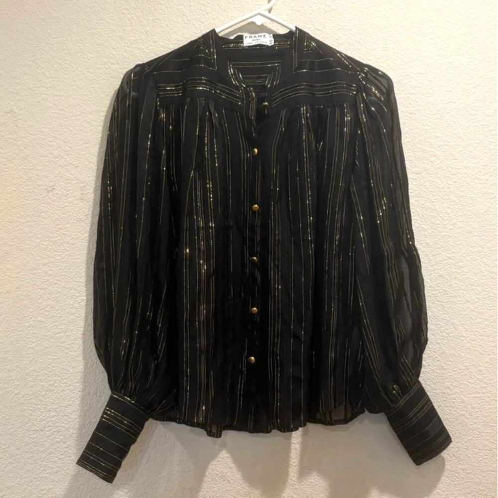Frame Black & Gold Noir Lurex Stripe Silk Metallic Blend Blouse Size XS
